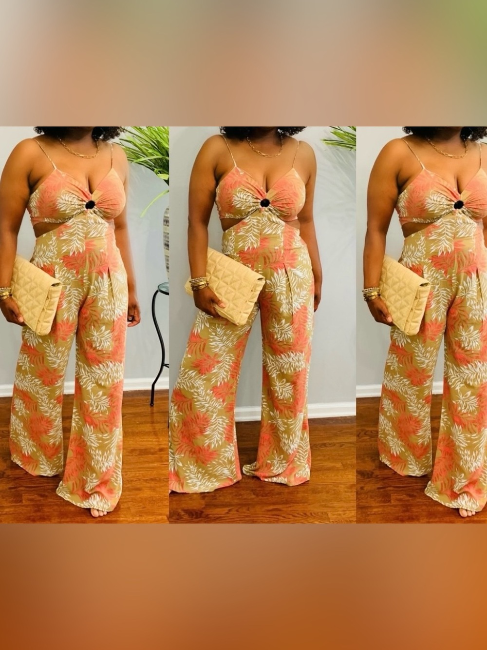 Tropical Cutout Wide-Leg Jumpsuit in Coral & Cream